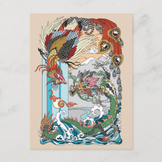 Carte Postale Jade Dragon and Gold Phoenix playing with a pearl