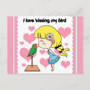 Carte Postale J'adore embrasser mon oiseau mignon dessin animé