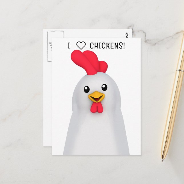 Carte Postale J'adore les poules ! (Devant/Arrière en situation)