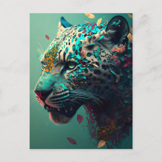 Carte Postale Jaguar turquoise et or floral