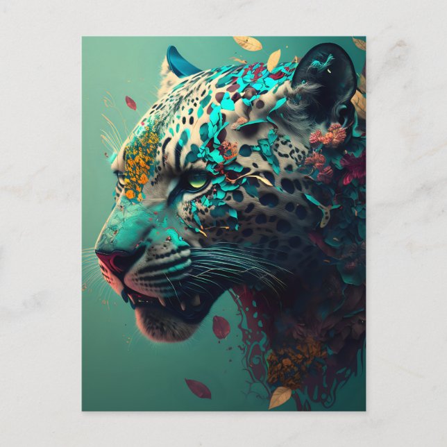 Carte Postale Jaguar turquoise et or floral (Devant)