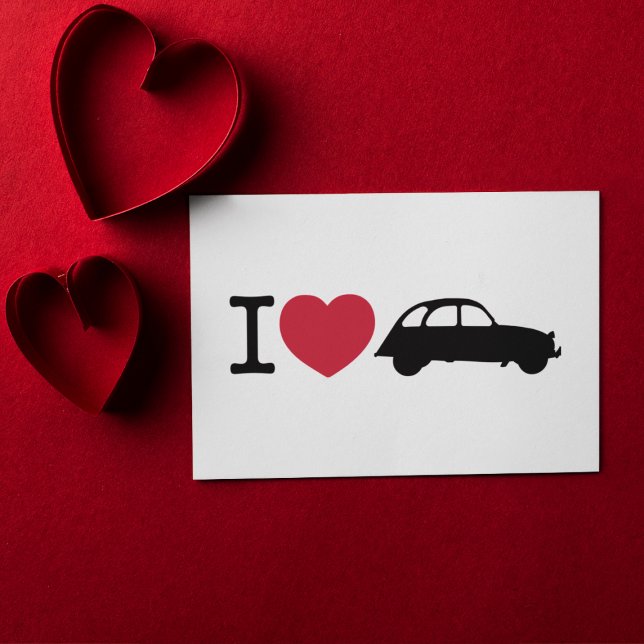 Carte Postale J'aime Deux Chevaux Old Timer Car (I love 2CV Sticker in White with a Black Typography and Illustration)