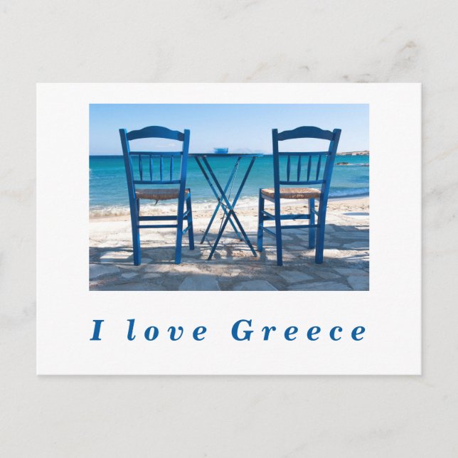 Carte Postale J'aime Grèce taverna photo bleu et blanc (Devant)