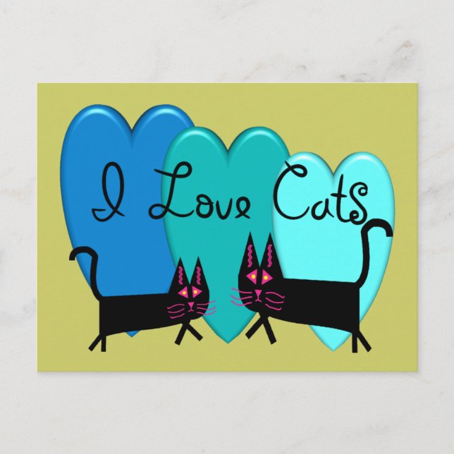Carte Postale J'aime les chats - Cadeaux d'art de chat noir (Devant)