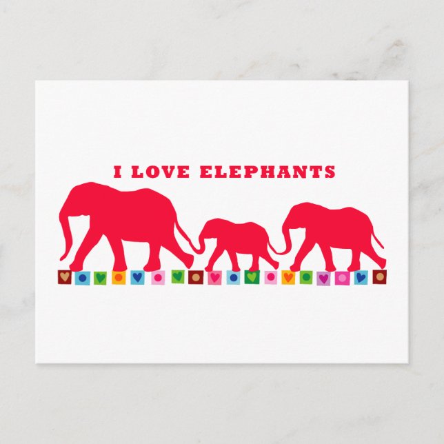 Carte Postale J'aime les éléphants (Rouge) (Devant)