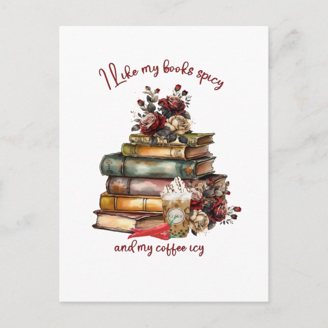 Carte Postale J'aime mes livres épicés et mon café glacé (Devant)