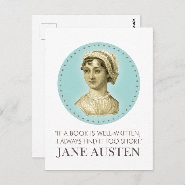 Carte Postale Jane Austen Portrait et citation sur la lecture (Devant / Derrière)