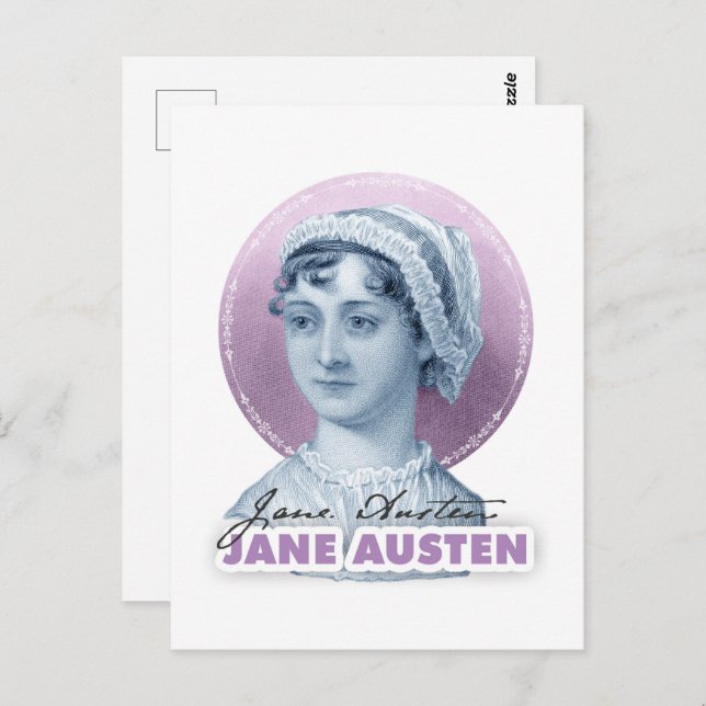 Carte Postale Jane Austen Portrait et signature rose (Devant / Derrière)
