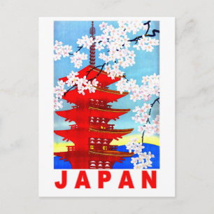 Carte Postale Japon au printemps, tour japonaise à temples, vint