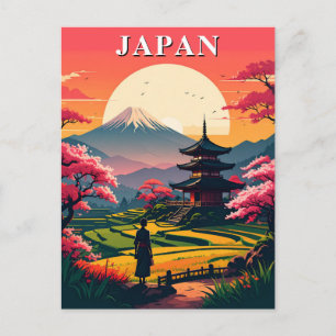 Carte Postale Japon Mont Fuji, Pagode Fleurs de Cerisier Vintage
