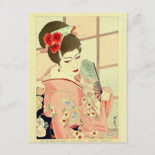 Carte Postale Japonais Classique Geisha Lady Pink Kimono Fan