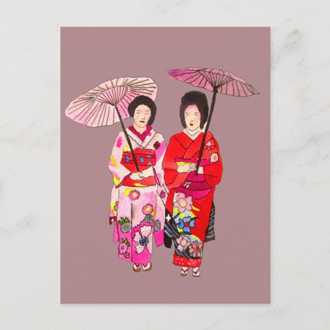 Carte Postale Japonais mignon Geisha avec kimono rose (Devant)
