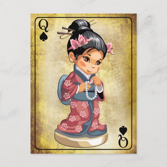 Carte Postale Japonaise à kimono tenant un collier de perles (Devant)