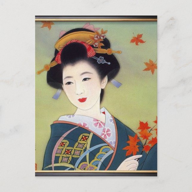 Carte Postale Japonaise en kimono bleu (Devant)