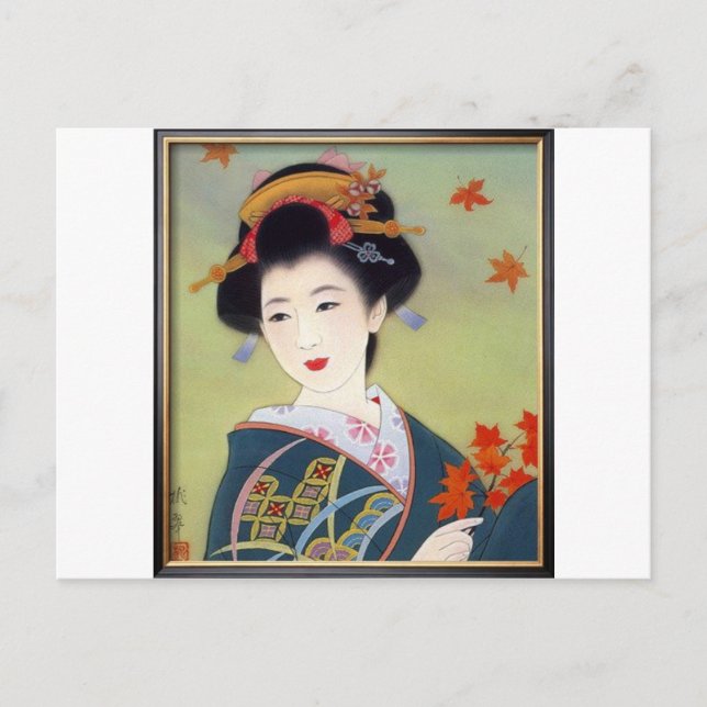 Carte Postale Japonaise en kimono bleu (Devant)