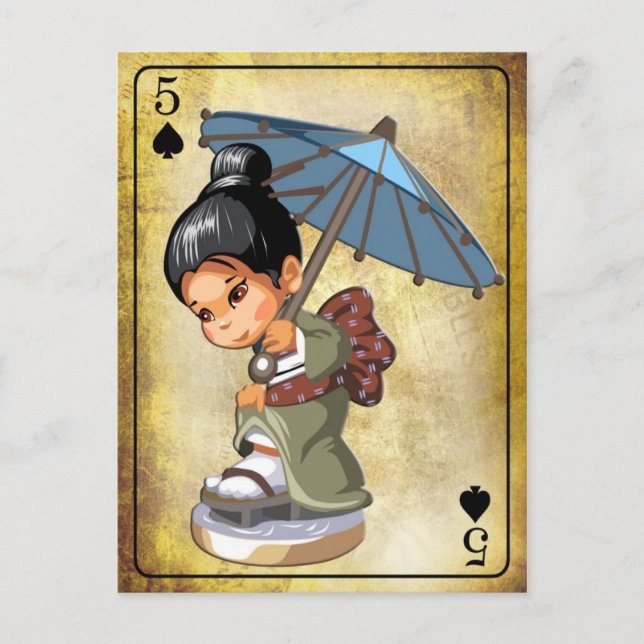 Carte Postale Japonaise en kimono inspectant ses chaussures (Devant)