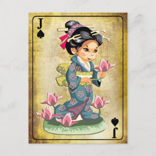 Carte Postale Japonaise fille en kimono cueillir des fleurs de l