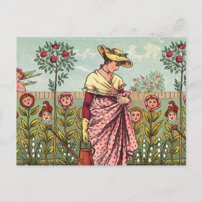Carte Postale Jardin Cultivation Flower Woman Art Antique (Devant)