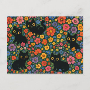 Carte Postale Jardin d'art Kawaii Motif floral de chat noir mi