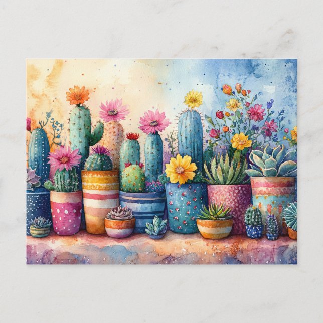 Carte Postale Jardin de cactus et de fleurs à l'aquarelle (Devant)