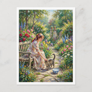 Carte Postale Jardin de fleurs impressionniste Chat Bol de lait