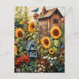 Carte Postale Jardin de tournesol 3 Maisons d'oiseaux Oiseaux bl