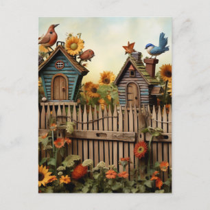 Carte Postale Jardin de Tournesols 7 Nids d'Oiseaux Oiseaux Bleu