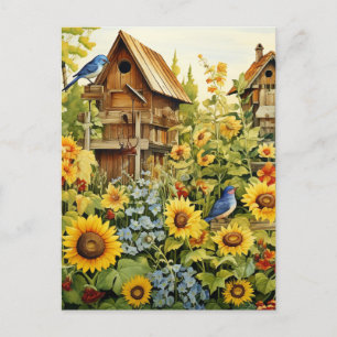 Carte Postale Jardin de tournesols Maisons d'oiseaux Oiseaux ble