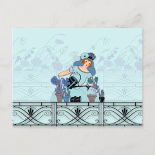 CARTE POSTALE JARDIN DES FENÊTRES, ART DÉCO LADY : BLEU FRANÇAIS