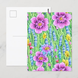 Carte Postale Jardin d'été coloré Fleurs violettes Verdure