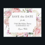 Carte Postale Jardin d'été Floral 75e anniversaire Enregistrer l<br><div class="desc">Envoyez-nous les cartes de dates économiquement sur les cartes postales afin que vos invités puissent planifier votre fête ou événement. Montré ici pour une fête du 75ème anniversaire, vous pouvez personnaliser ce texte, quel que soit votre choix. De belles roses roses et des fleurs de jardin mixtes rendent ce design...</div>