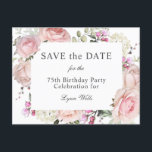 Carte Postale Jardin d'été Floral 75e anniversaire Enregistrer l<br><div class="desc">Envoyez-nous les cartes de dates économiquement sur les cartes postales afin que vos invités puissent planifier votre fête ou événement. Montré ici pour une fête du 75ème anniversaire, vous pouvez personnaliser ce texte, quel que soit votre choix. De belles roses roses et des fleurs de jardin mixtes rendent ce design...</div>
