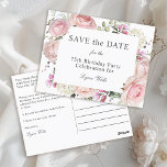 Carte Postale Jardin d'été Floral 75e anniversaire Enregistrer l<br><div class="desc">Envoyez-nous les cartes de dates économiquement sur les cartes postales afin que vos invités puissent planifier votre fête ou événement. Montré ici pour une fête du 75ème anniversaire, vous pouvez personnaliser ce texte, quel que soit votre choix. De belles roses roses et des fleurs de jardin mixtes rendent ce design...</div>