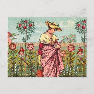 Carte Postale Jardin Fleurir Femme Art Antique