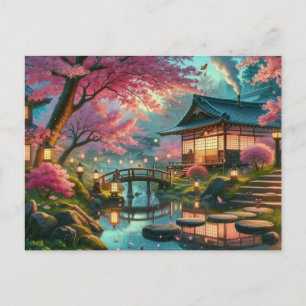 Carte Postale Jardin japonais paisible en peinture de printemps