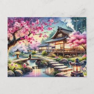 Carte Postale Jardin japonais serein au crépuscule peinture
