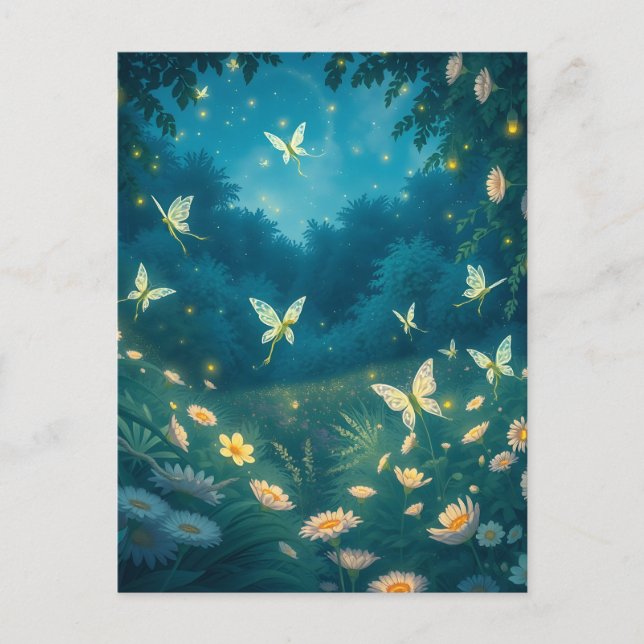 Carte Postale Jardin nocturne avec fleurs et lucioles (Devant)