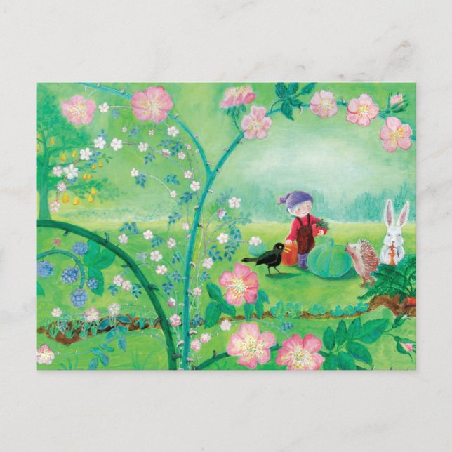 Carte Postale Jardin secret Gnome, Hérisson, oiseau noir et lapi (Devant)