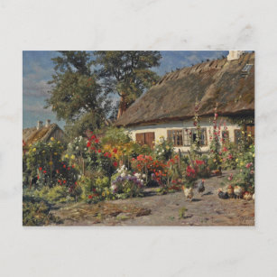 Carte Postale Jardin vintage avec Fleurs et Poulets
