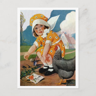 Carte Postale JARDIN vintage "PLANTING TIME" BÉBÉ ET ROOSTER
