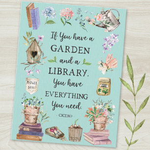 Carte Postale Jardinage et citation de bibliothèque Jardin flora