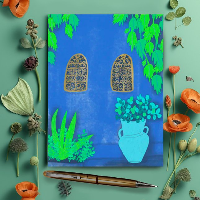 Carte Postale Jardins de Majorelle Blue La Jardin (Majorelle gardens illustration. Sweet travel themed postcards and cards. Check my shop for more!)