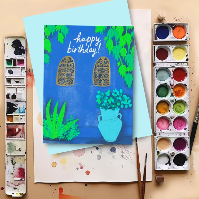 Carte Postale Jardins Majorelle Bleu La Jardin BON ANNIVERSAIRE (Custom happy birthday postcard with colorful artwork inspired by Majorelle Gardens)