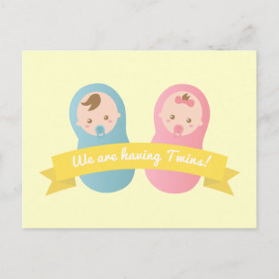 Carte Postale J'attends des jumeaux - Bébé garçon et fille migno