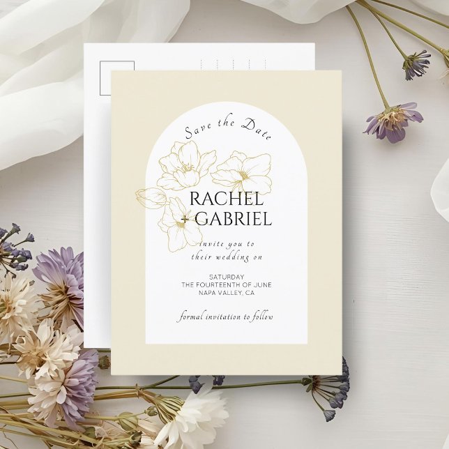 Carte Postale Jaune pastel | Mariage floral doré Bohème  (Créateur téléchargé)