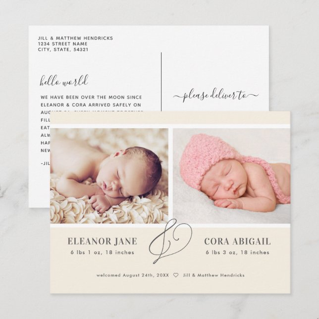 Carte Postale Jaune Simple Twins Photo Faire-part de naissance (Devant / Derrière)