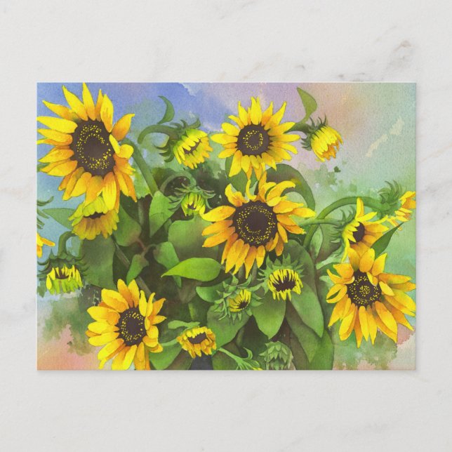 Carte Postale Jaune vif, Fleurs de soleil aquarelle (Devant)