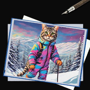 Carte Postale Jazzy kitty sur un circuit de ski