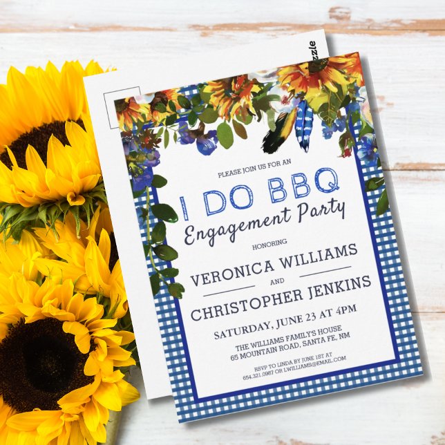 Carte Postale Je FAIS BBQ Rustique Floral bleu Plaid Fiançailles (I DO BBQ Rustic Floral Blue Checker Engagement Party Invitation Postcard)
