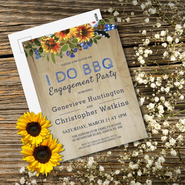 Carte Postale Je fais du BBQ Fête de fiançailles Floral Rustique (I DO BBQ Rustic Sunflower Floral Barnwood Engagement Party Invitation Postcard)